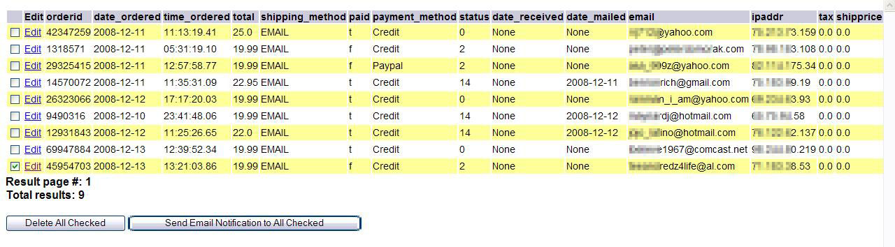 Order search results